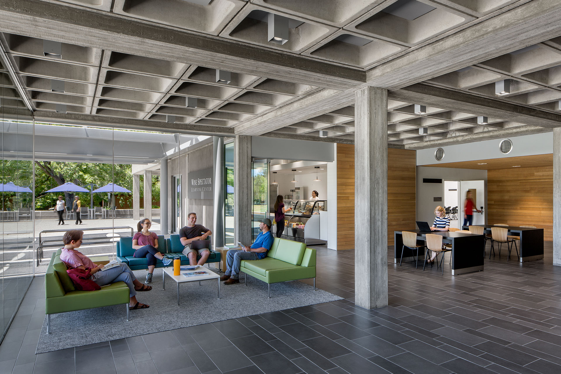 Interior gathering space at Wine Spectator Learning Center, Sonoma State University