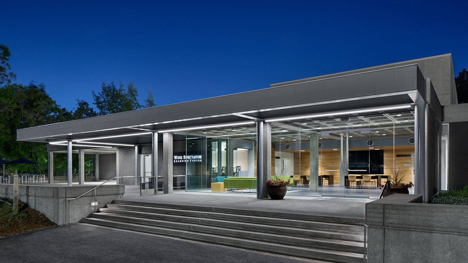 Exterior night photo of Wine Spectator Learning Center, Sonoma State University