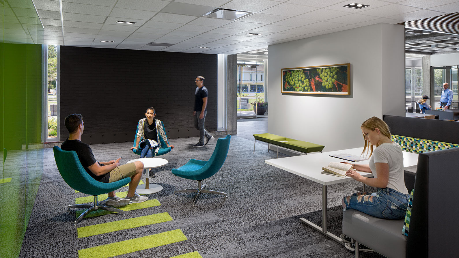 Interior collaborative gathering zone at Wine Spectator Learning Center, Sonoma State University