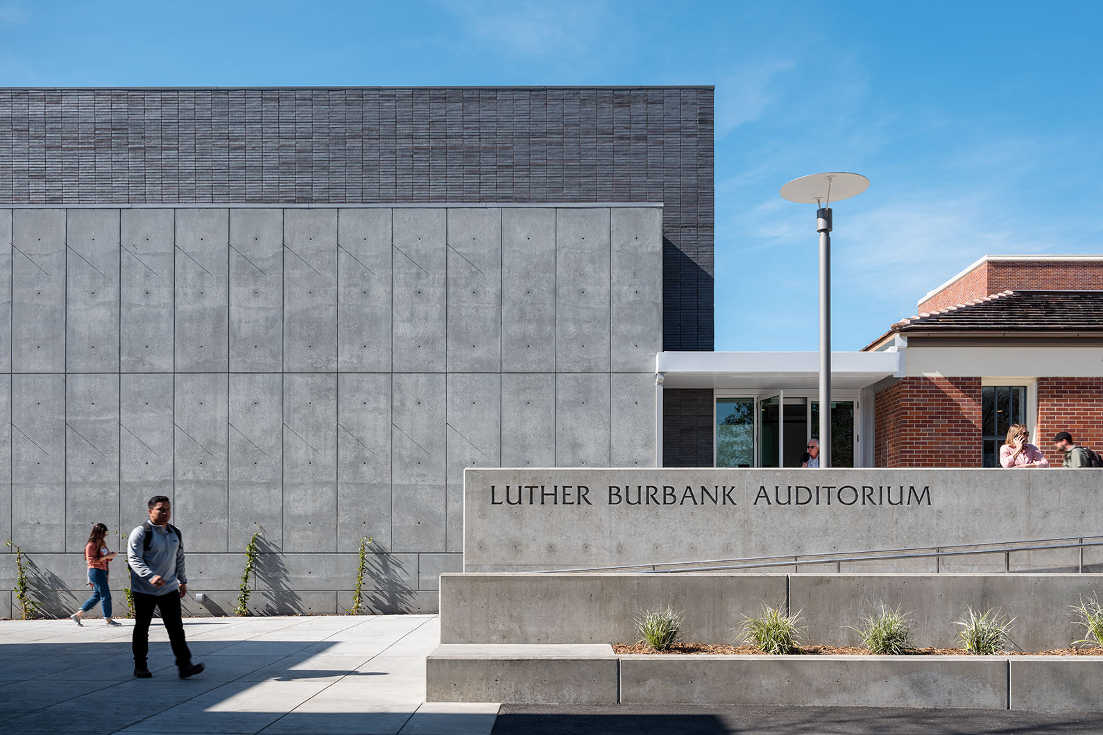 Exterior photo of SRJC Burbank Auditorium signage