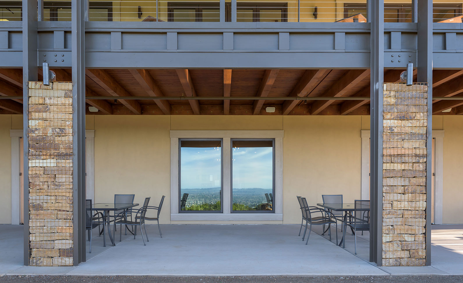 Detail image showing construction and materials of lower deck at Paradise Ridge Winery