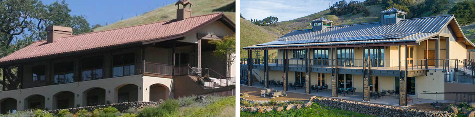 Side by side before and after photos of new Event Center at Paradise Ridge winery