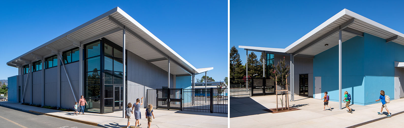 Two views of multi-use building at Irene Snow Elementary