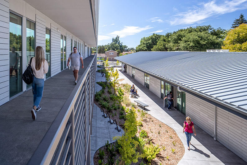 View of second story looking down on first story of Jeff Kunde Hall courtyard