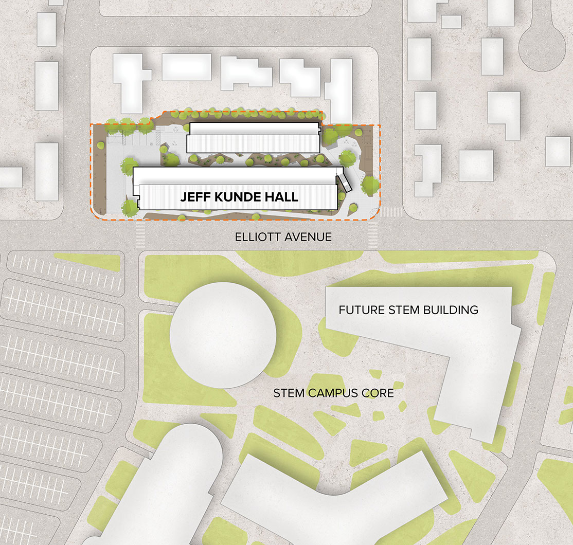 Site plan diagram that shows location of Jeff Kunde Hall in relation to the campus