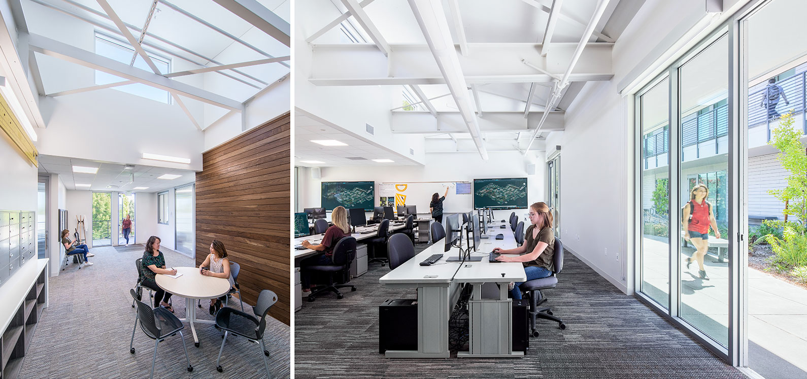 Two images showing faculty lounge area on left and computer classroom on right