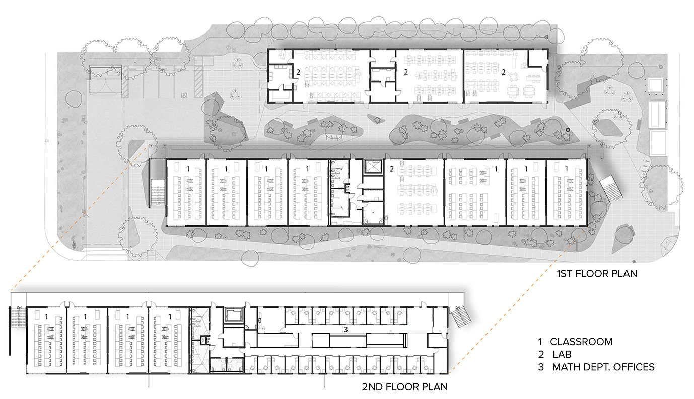 Two story view of Jeff Kunde Hall showing floorplans