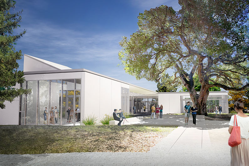Rendering of courtyard with oak trees at West Valley College