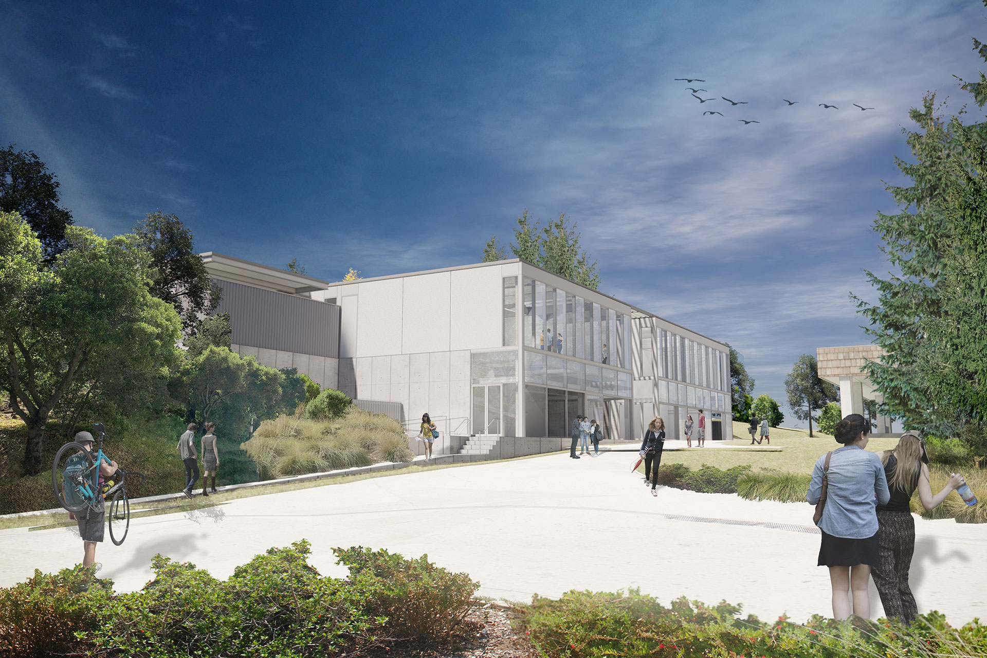 Rendering of students walking up hill to Visual Arts Building