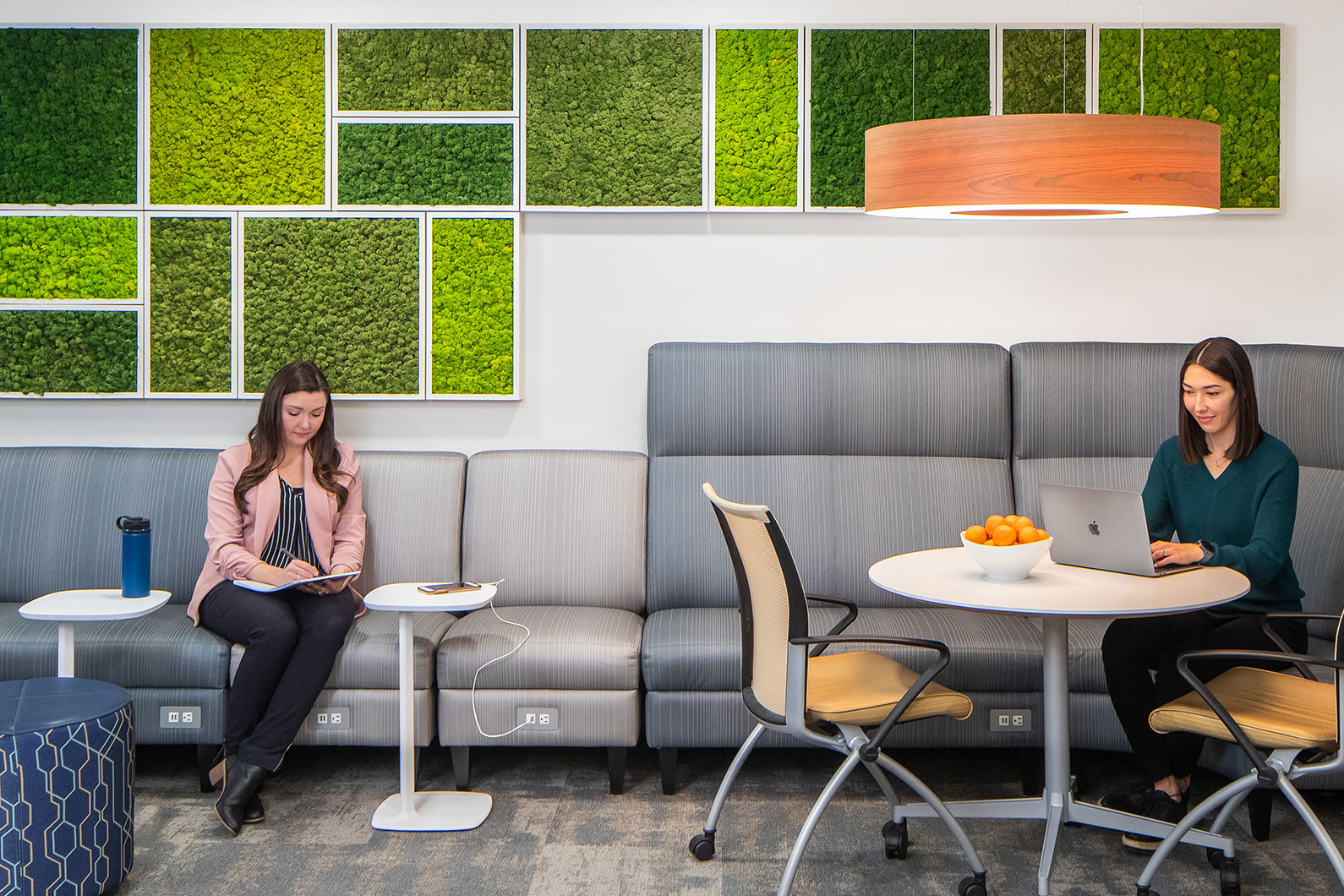Two residency doctors sitting again living green wall
