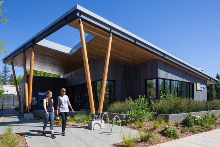 Exterior of Exchange Bank Sebastopol Branch with two women walking