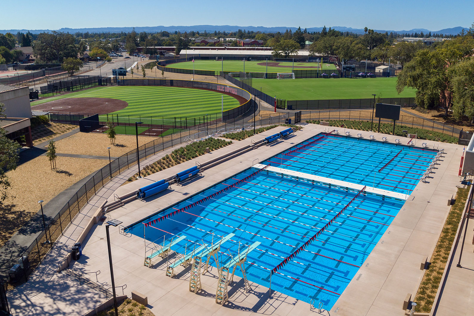 View of new aquatic facility and fields at Santa Rosa Junior College
