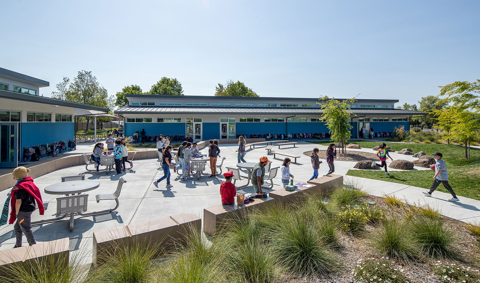 K-12 education architecture, new classroom building. Outdoor zones for children at Loma Vista Immersion Academy