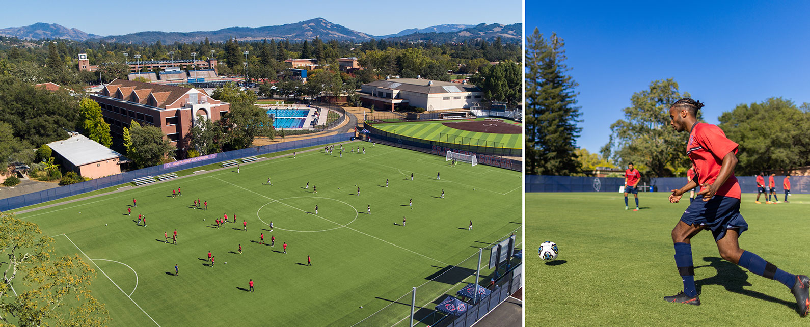 SRJC Soccer field aerial image with inset of soccer player kicking ball