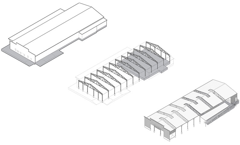 Foley Family Community Pavilion diagram showing partial removal of original roof