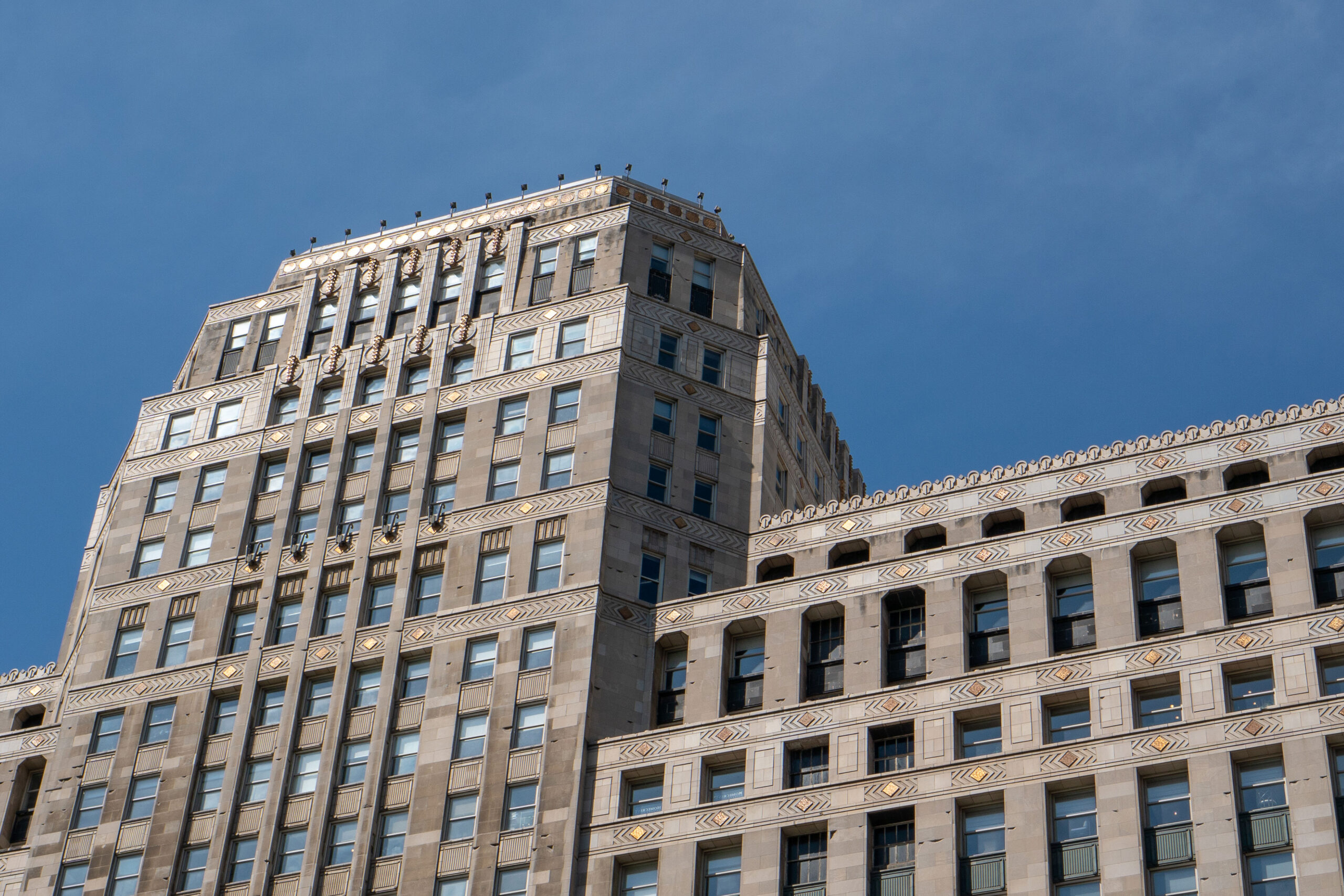 Detail of the exterior of the Merchandise Mart in Chicago