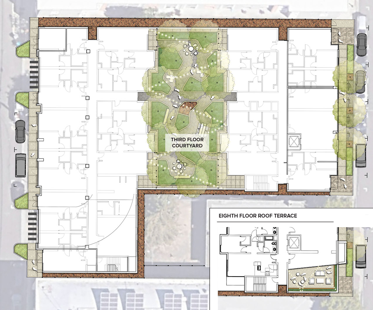 425 Humboldt Street Apartments Site Plan graphic showing 3rd floor courtyard and 8th floor roof terrace