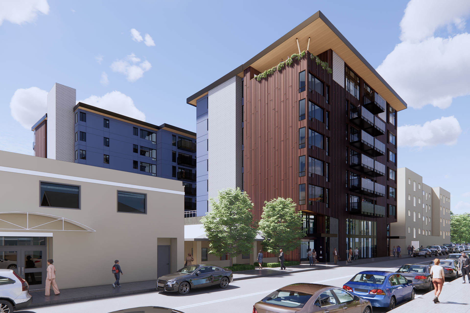 Rendering at street view of new apartment building at 425 Humboldt Street in Santa Rosa, CA