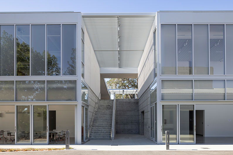 Architectural detail of windows and staircase at West Valley College Visual Arts Building