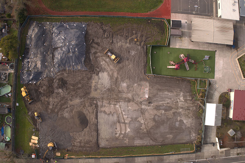 Drone aerial view of construction site at Manzanita Elementary School