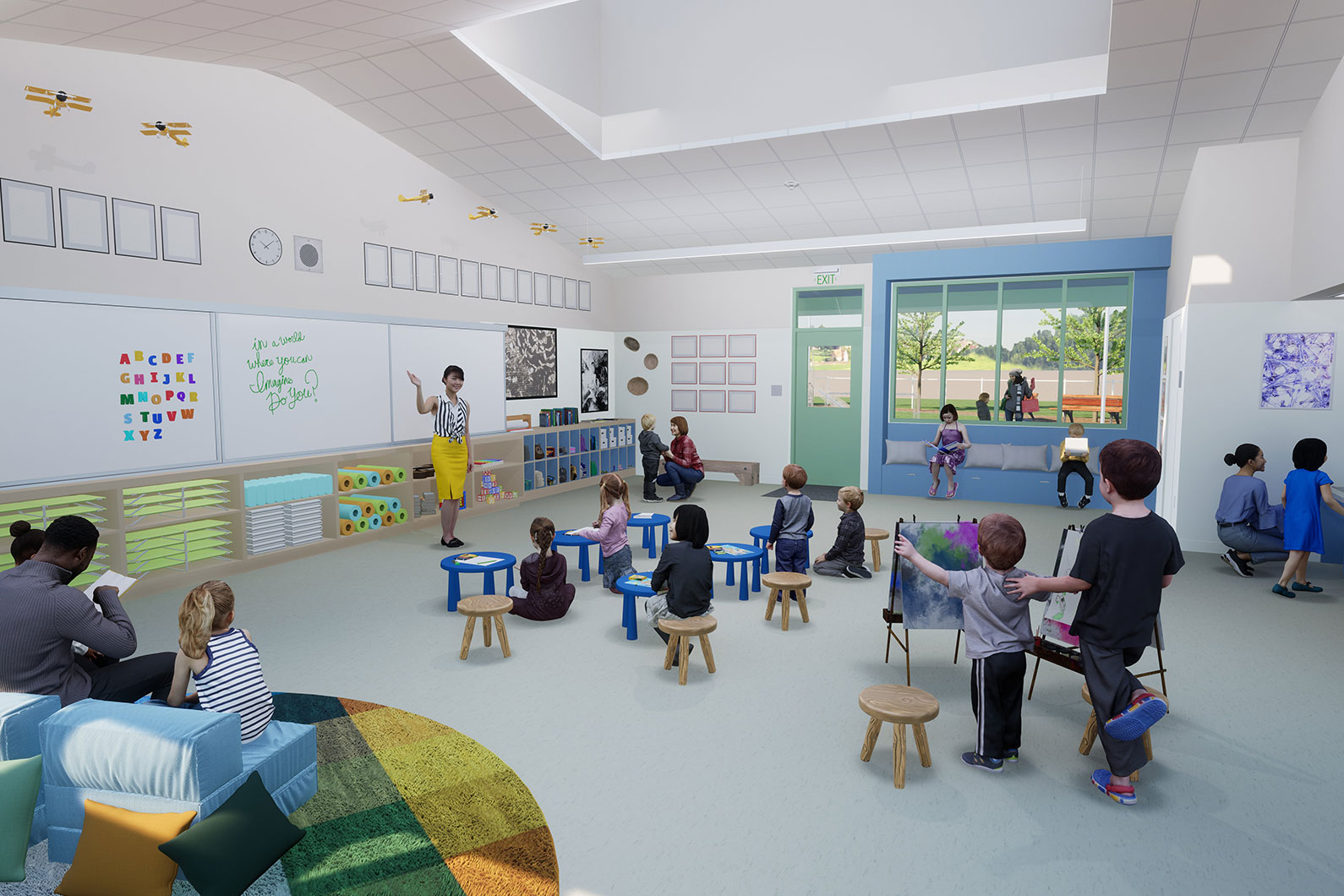 Interior rendering of a Transitional Kindergarten classroom at Manzanita Elementary School in Santa Rosa, CA