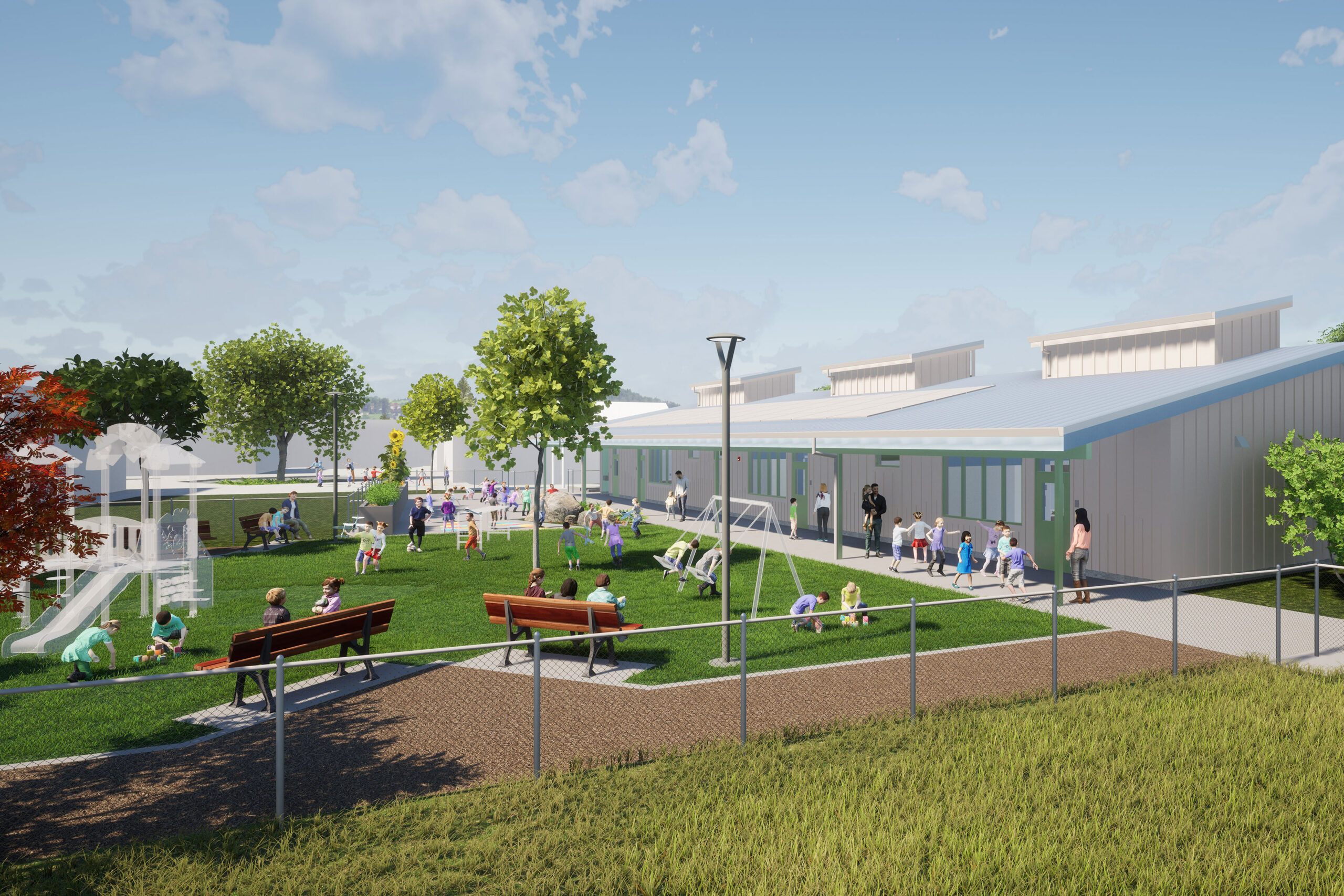 Exterior rendering of the playground and Kindergarten classroom building at Manzanita Elementary School in Santa Rosa, CA