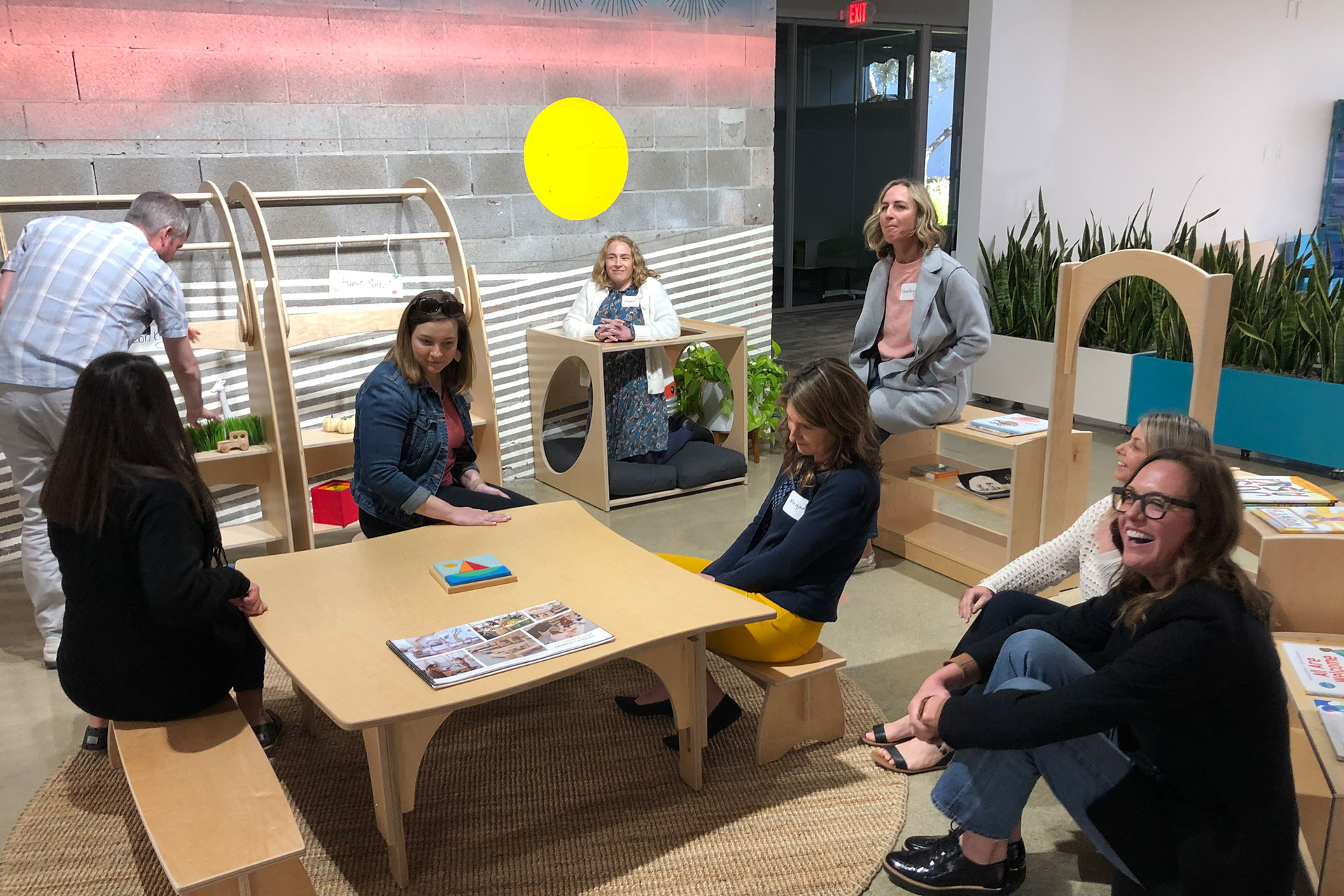 K-12 Education clients exploring Transitional Kindergarten furniture options at the One Workplace showroom in Oakland.