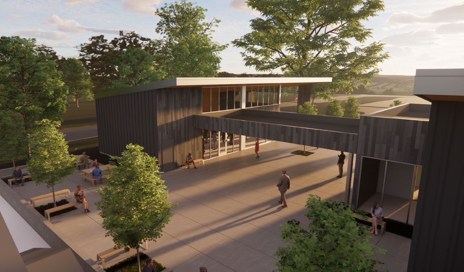 Rendering of dusk view of courtyard connecting Wine Education Center to Hospitality Center