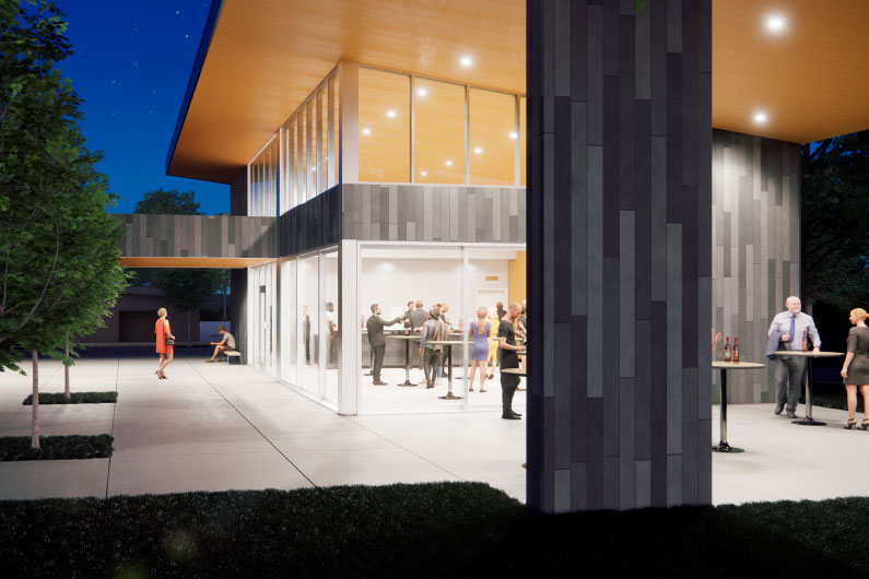 Rendering of Wine and Hospitality Training Center illuminated at night