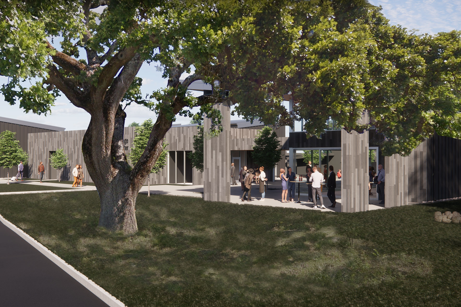 Rendering of Napa Valley College Wine Education Center with large oak tree
