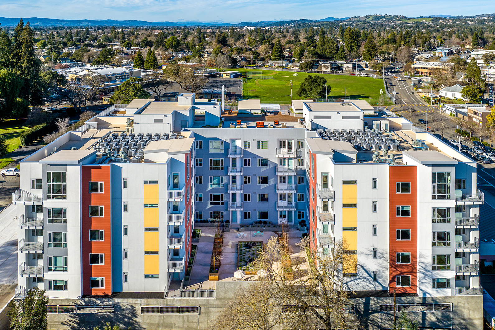 View of building and inner courtyard at 888 Fourth Street Development in Santa Rosa, CA