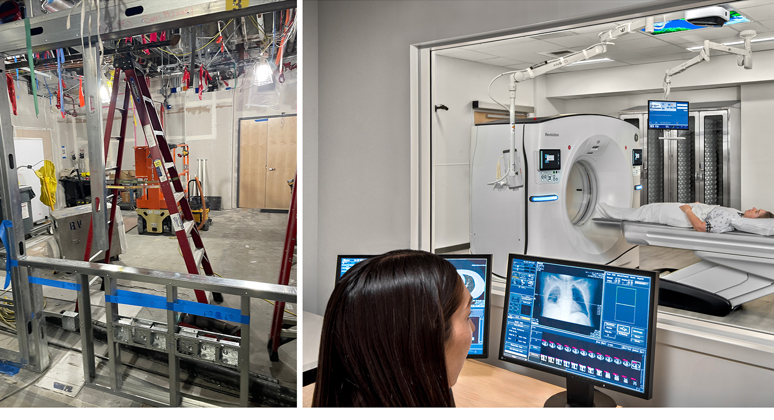 Two side by side images of a CT Scanner room - on the left the room is under construction and on the right a technician is working on a computer