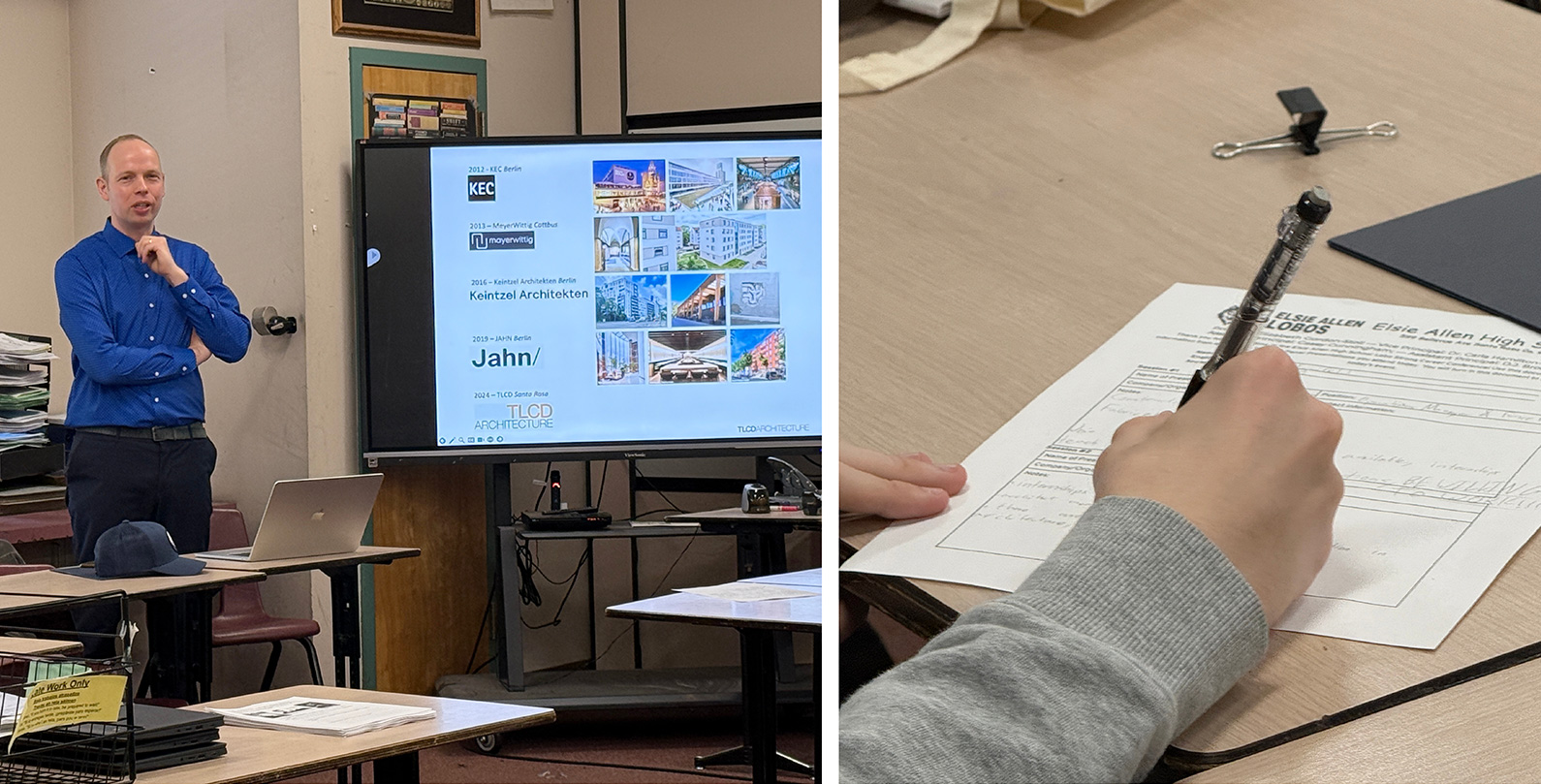 Two images with Matthias Schwarz talking on the left image and a student taking notes on the right image