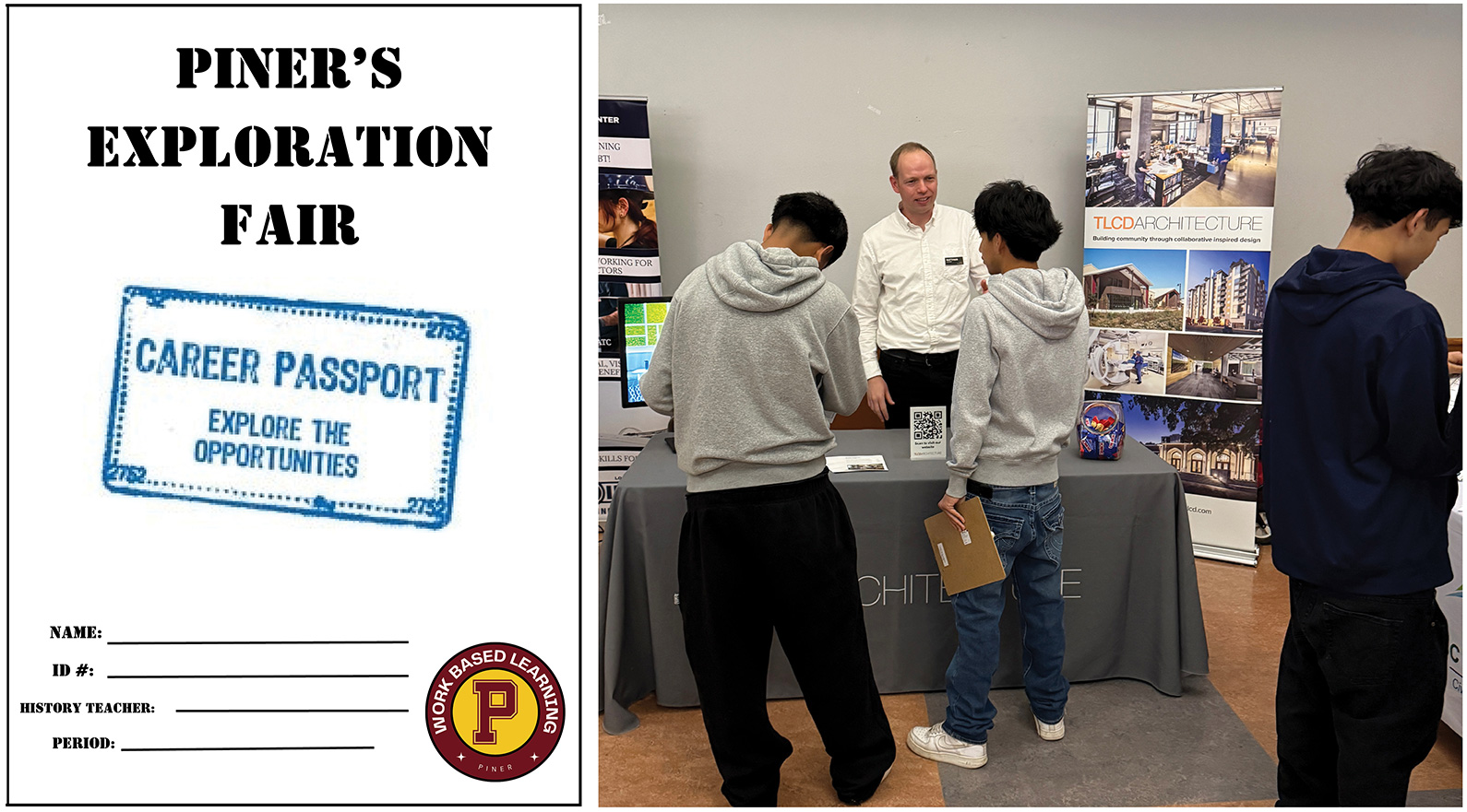 Two images with the Piner High School Passport form on the left and Matthias Schwarz talking to students in front of TLCD booth