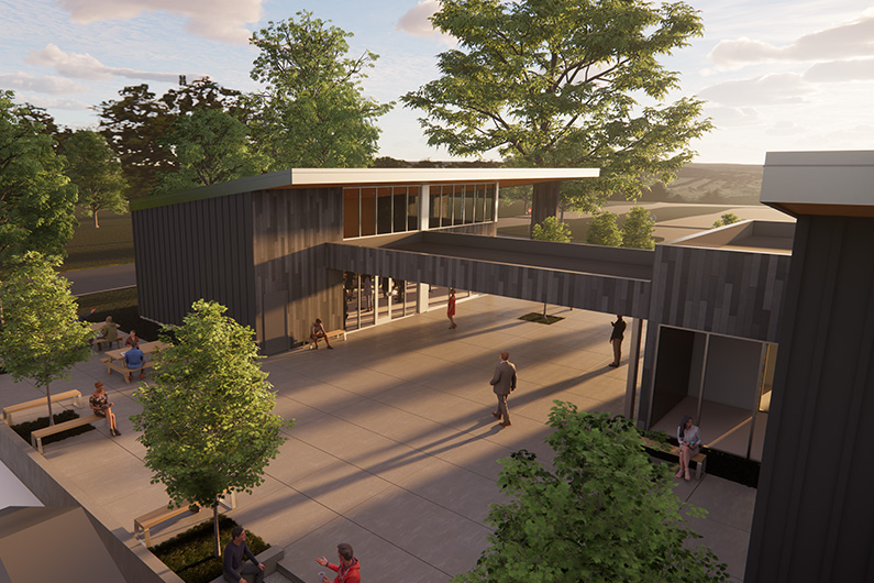 TLCD rendering shows architectural elements that join phase one and phase two buildings together 