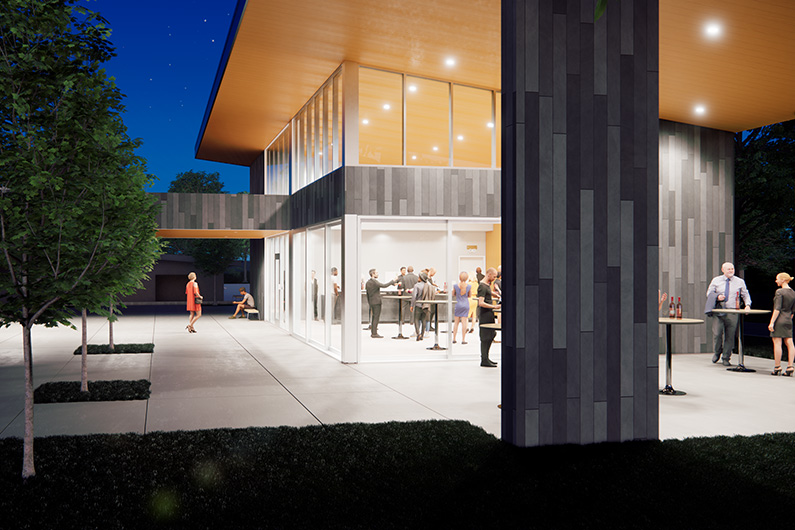 TLCD rendering show Wine and Hospitality Training Center at night with people at event inside