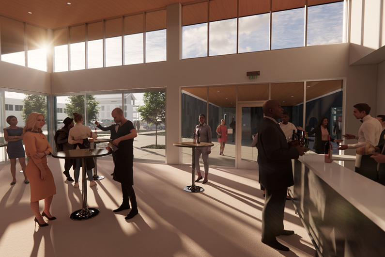 TLCD rendering shows people gathered inside phase two of the Wine and Hospitality Training Center