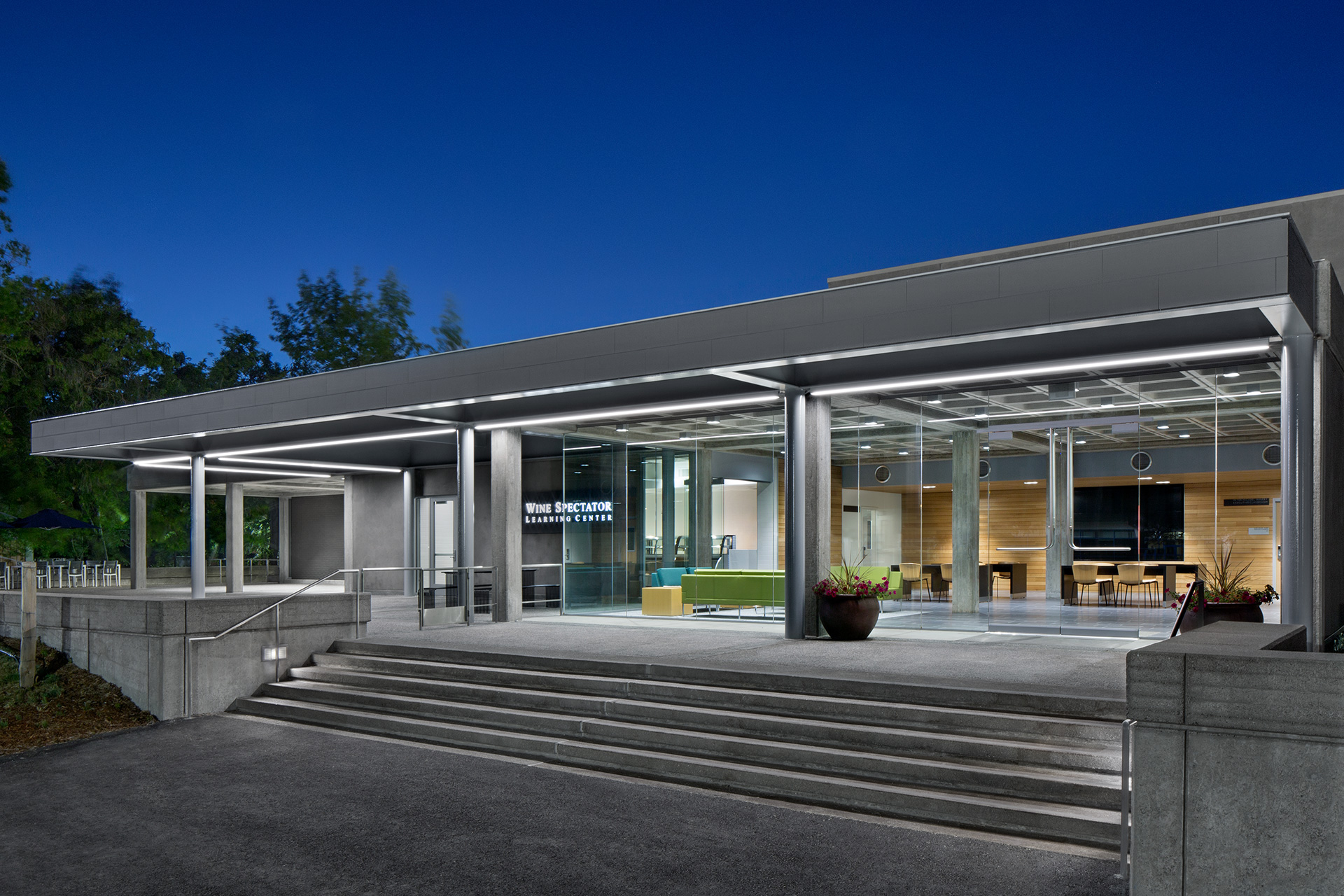 Exterior dusk photo of Wine Business Institute at Sonoma State University. Designing for Wine Education