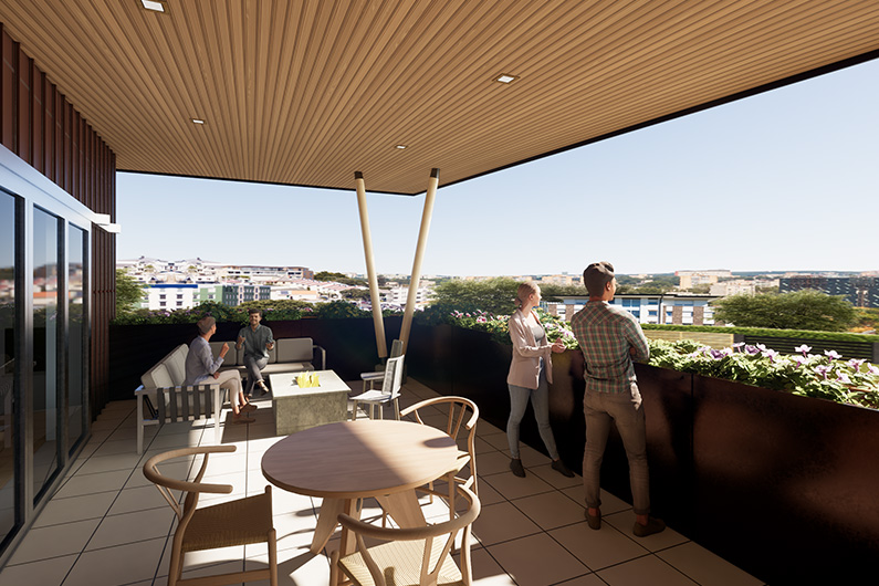 Architectural rendering of deck at 420 Humboldt Street with view out to Santa Rosa hills