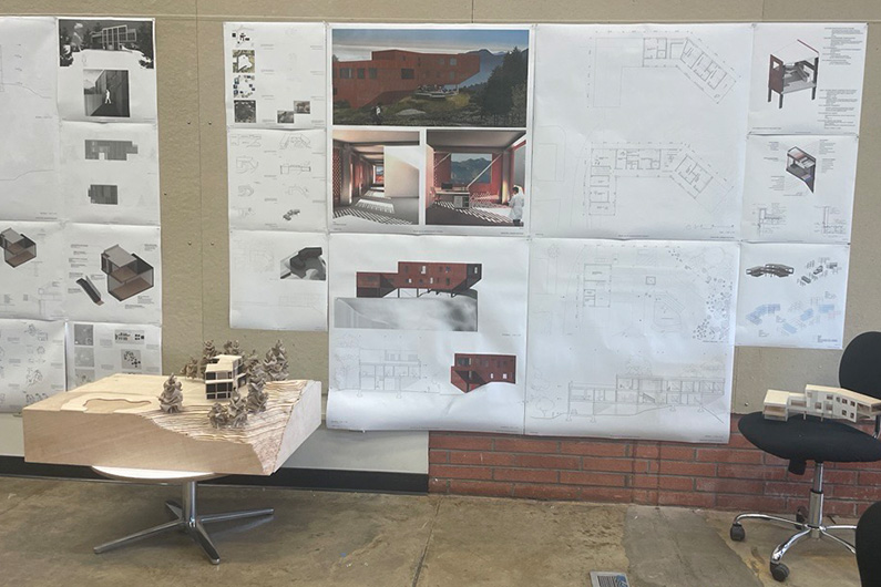 Photo of 3D models and architectural renderings and plans by Cal Poly Student Jessica Guo