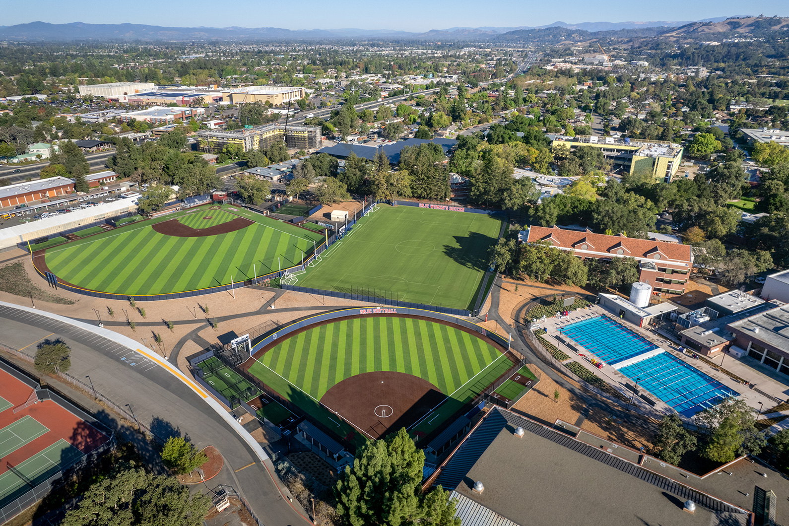 Drone view of SRJC Athletic complex showing 3 sports fields and pool