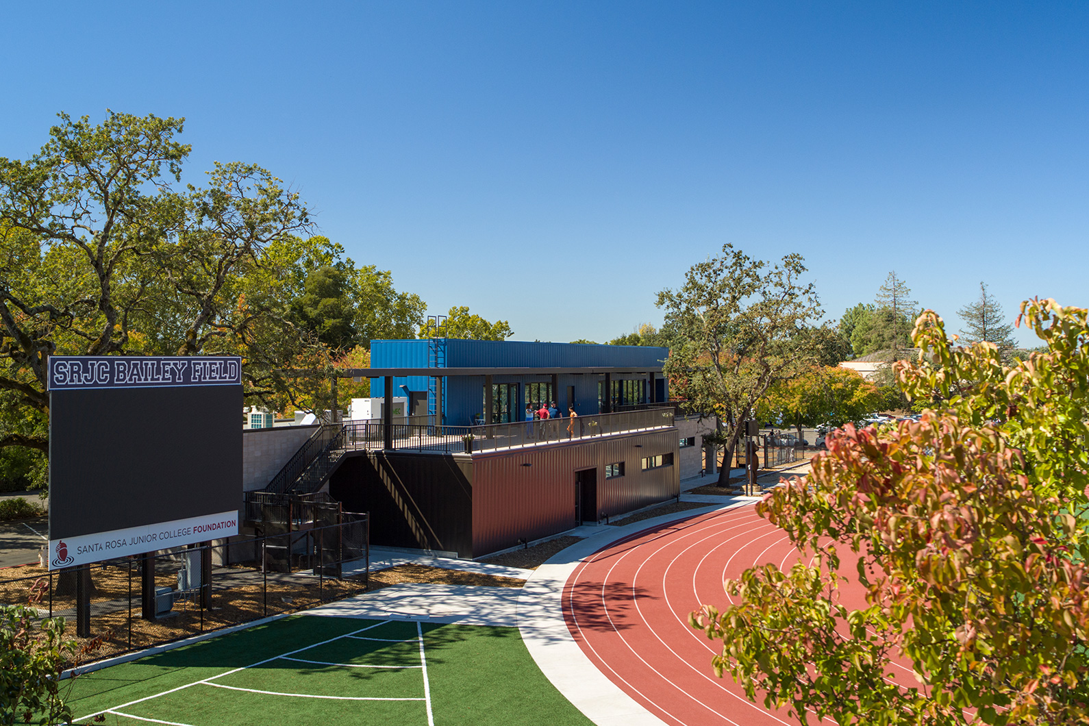 Drone view of SRJC Field House and scoreboard at Bailey Field