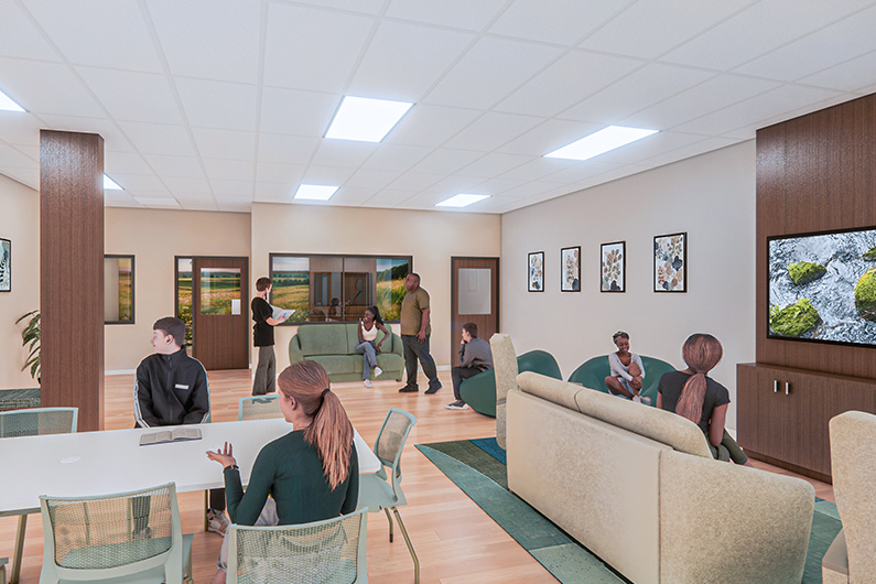 TLCD rendering of group hang out space shared group room at the Napa County Crisis Stabilization Unit