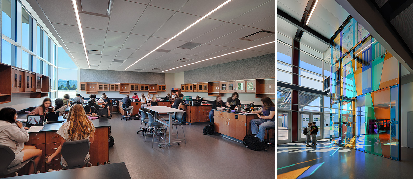 Two images side by side - left shows science classroom with students, right show 2-story glass atrium