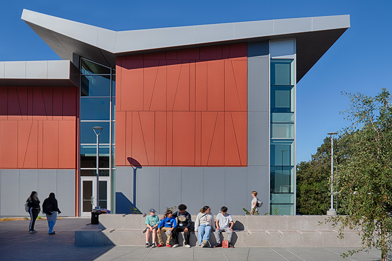 Montgomery High School Classroom Building - Exterior photo of East facing end of classroom building with outdoor classroom area